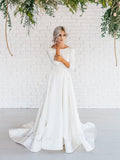 Ivory Satin Long Sleeve Bateau Open Back A-line Wedding Dresses, AB1548