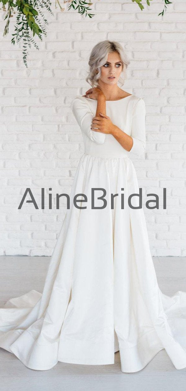 Ivory Satin Long Sleeve Bateau Open Back A-line Wedding Dresses, AB1548