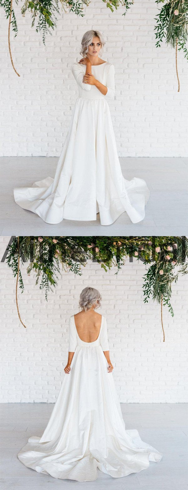 Ivory Satin Long Sleeve Bateau Open Back A-line Wedding Dresses, AB1548