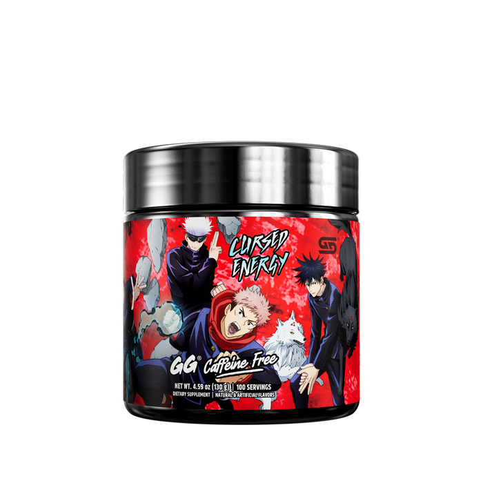 Black and red container with nutritional facts and warning labels for a caffeine-free energy supplement.