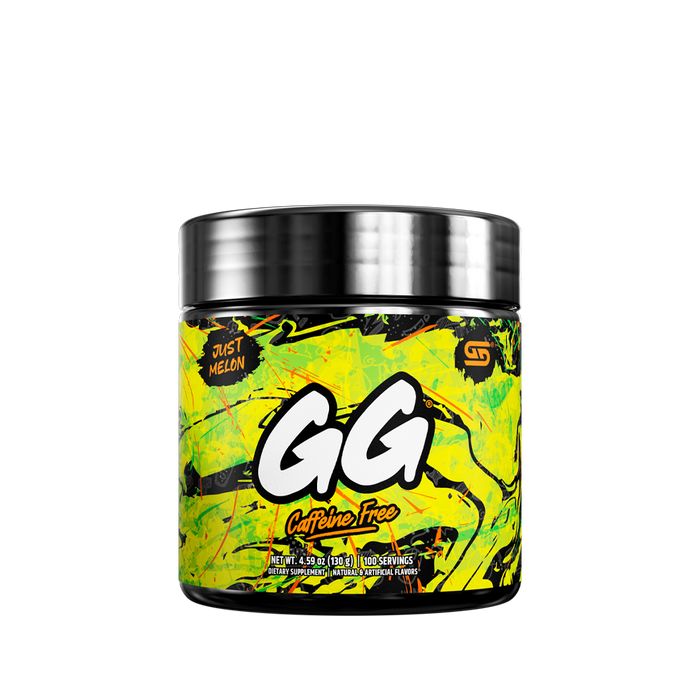 Black supplement container with colorful green and orange abstract design and detailed nutrition facts label on the back