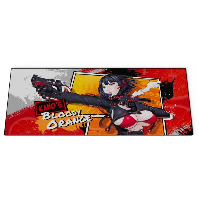 Anime woman in red bikini top aiming two guns on a bright orange and black splatter background mouse pad.