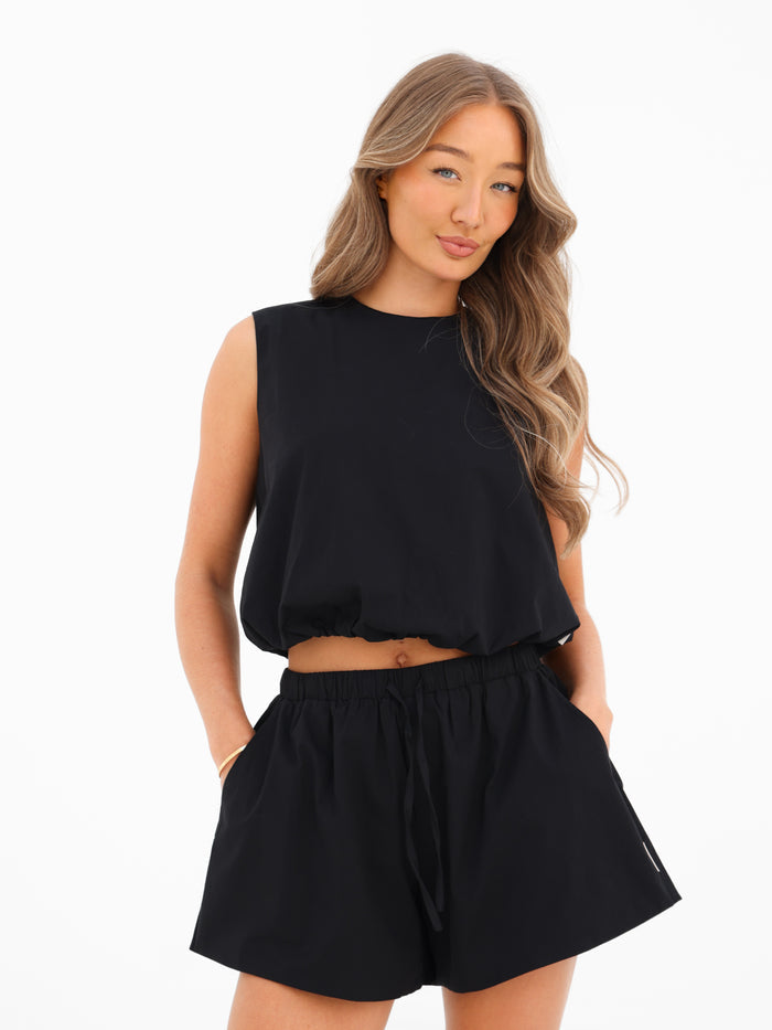 Kaia Bubble Hem Poplin Top - Black