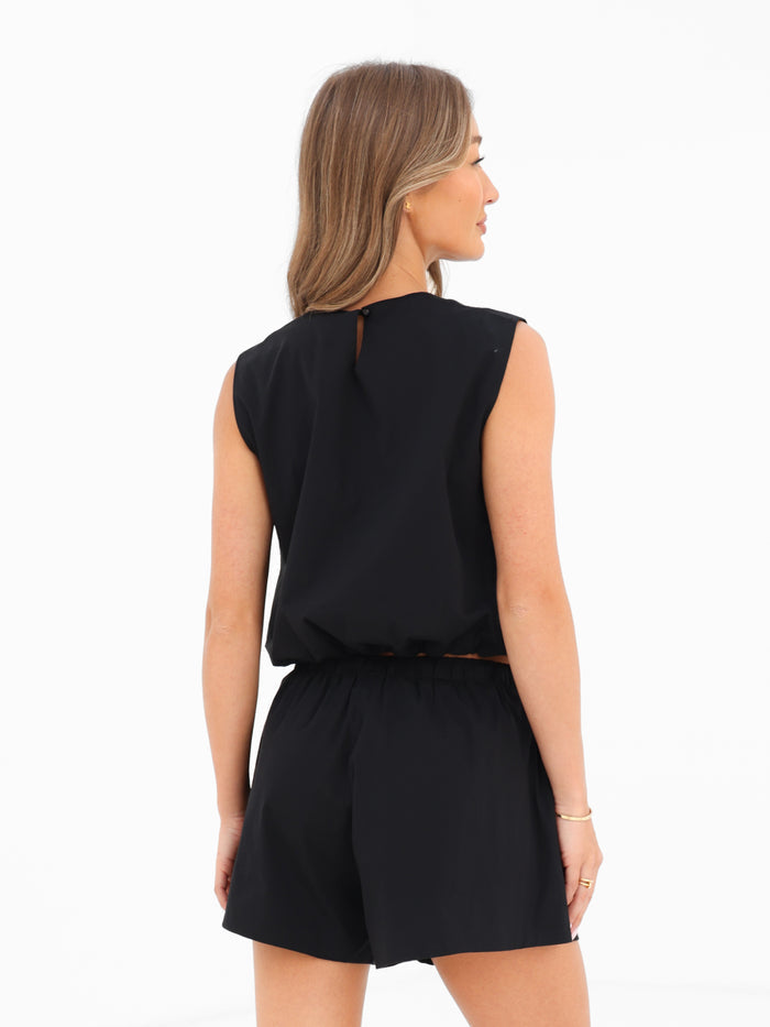 Kaia Bubble Hem Poplin Top - Black