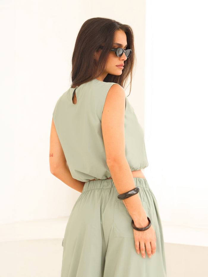Kaia Bubble Hem Poplin Top - Pistachio