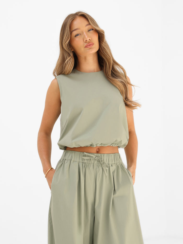 Kaia Bubble Hem Poplin Top - Pistachio