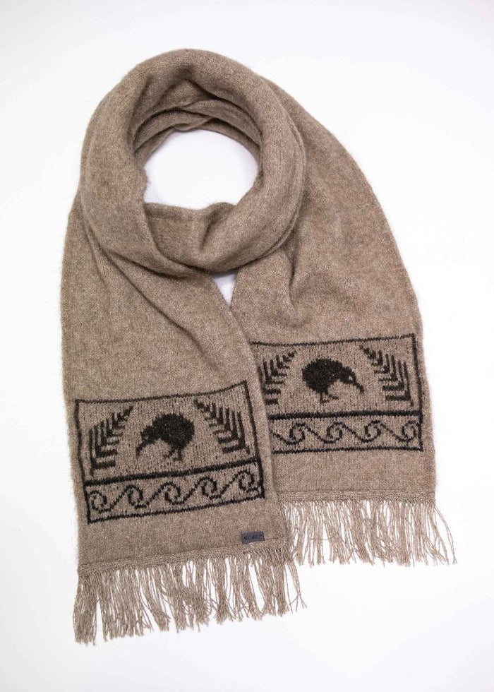 Possum and Merino  KO129 Kiwi Scarf - A double thickness scarf.  A uniquely New Zealand design on a uniquely New  Zealand product.  Make a set with KO162 Kiwi Beanie and KO52 Kiwi Gloves.  One Size - Approx. 19cm wide x 152cm long.  Made proudly in New Zealand from a premium blend of 40% possum fur, 50% merino lambswool & 10% mulberry silk.