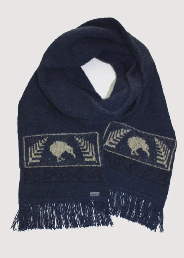 Possum and Merino  KO129 Kiwi Scarf - A double thickness scarf.  A uniquely New Zealand design on a uniquely New  Zealand product.  Make a set with KO162 Kiwi Beanie and KO52 Kiwi Gloves.  One Size - Approx. 19cm wide x 152cm long.  Made proudly in New Zealand from a premium blend of 40% possum fur, 50% merino lambswool & 10% mulberry silk.