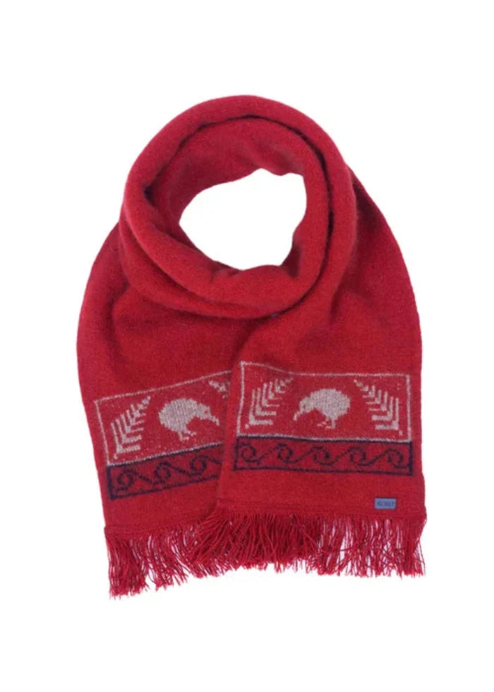 Possum and Merino  KO129 Kiwi Scarf - A double thickness scarf.  A uniquely New Zealand design on a uniquely New  Zealand product.  Make a set with KO162 Kiwi Beanie and KO52 Kiwi Gloves.  One Size - Approx. 19cm wide x 152cm long.  Made proudly in New Zealand from a premium blend of 40% possum fur, 50% merino lambswool & 10% mulberry silk.