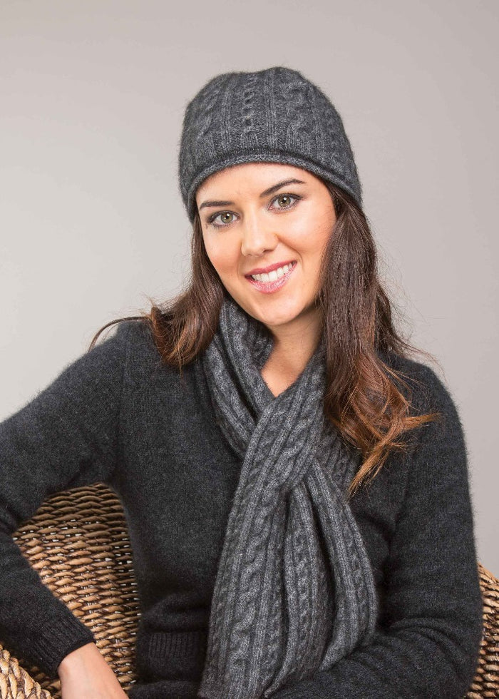 Possum and Merino  KO132 Cable Scarf - A keyhole scarf in a classic cable pattern.  Make a set with KO62 Cable Glovelets and KO94 Cable Headband  One Size - Approx. 15cm wide x 110cm long.  Made proudly in New Zealand from a premium blend of 40% possum fur, 50% merino lambswool & 10% mulberry silk.
