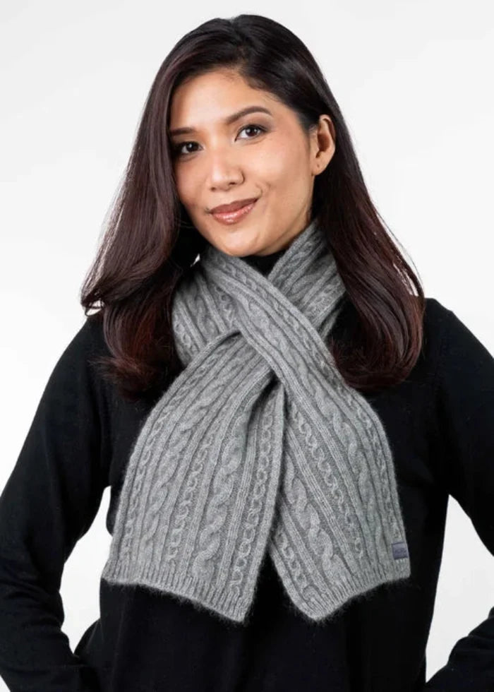 Possum and Merino  KO132 Cable Scarf - A keyhole scarf in a classic cable pattern.  Make a set with KO62 Cable Glovelets and KO94 Cable Headband  One Size - Approx. 15cm wide x 110cm long.  Made proudly in New Zealand from a premium blend of 40% possum fur, 50% merino lambswool & 10% mulberry silk.