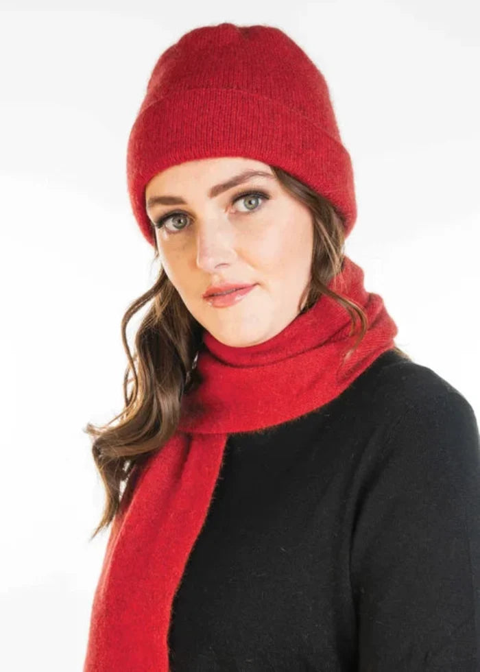 Possum and Merino  KO159 Plain Beanie - A plain, double layer beanie with a turned back edge and metal Koru badge.  Makes a set with KO114 Scarf with Fringe and KO48 Plain Gloves.   One Size.  Made proudly in New Zealand from a premium blend