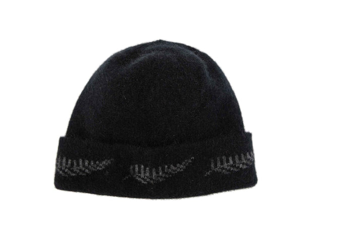 Possum & Merino  KO209 Fer Beanie - UNISEX Beanie.  Stunningly subtle Fern Beanie. Double thickness to make it luxuriously warm .  Make a set with KO149 Fern Scarf and KO69 Fern Gloves  Available in Black/Grey only.  One size.  Made proudly in New Zealand from a premium blend of 40% possum fur, 50% merino lambswool & 10% mulberry silk.