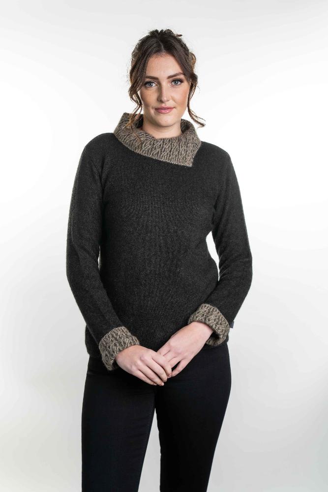 Possum and Merino  KO471 Two Tone Jumper - A stylish jumper with two ton cable collar and cuffs.  This garment has shaped side seams for a flattering fit.   Made proudly in New Zealand from a premium blend of 40% possum fur, 50% merino lambswool & 10% mulberry silk.