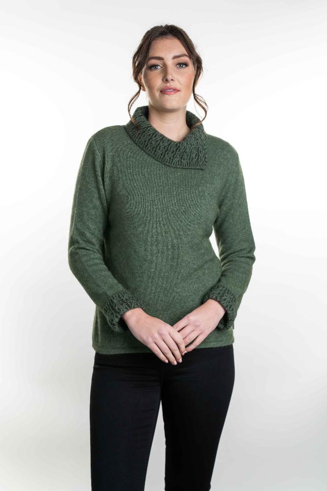 Possum and Merino  KO471 Two Tone Jumper - A stylish jumper with two ton cable collar and cuffs.  This garment has shaped side seams for a flattering fit.   Made proudly in New Zealand from a premium blend of 40% possum fur, 50% merino lambswool & 10% mulberry silk.