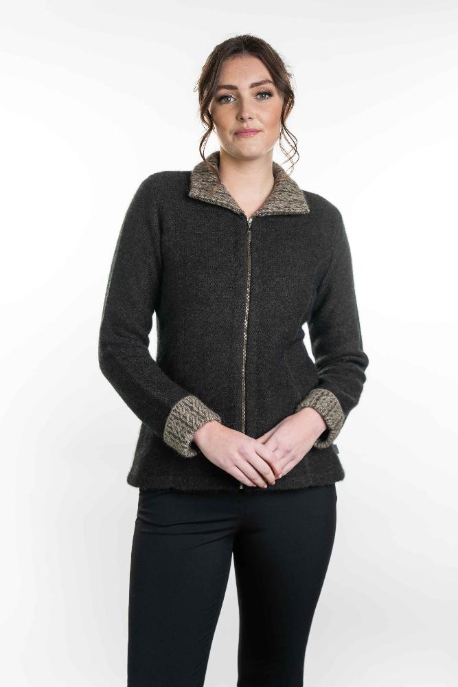 Possum and Merino  KO476 Two-Tone Trim Jacket - This stylish and versatile jacket features a two tone trim on the collar and cuffs.  Side seam shaping and coverseam detailing creates a streamlined look.   Made proudly in New Zealand from a premium blend of 40% possum fur, 50% merino lambswool & 10% mulberry silk.