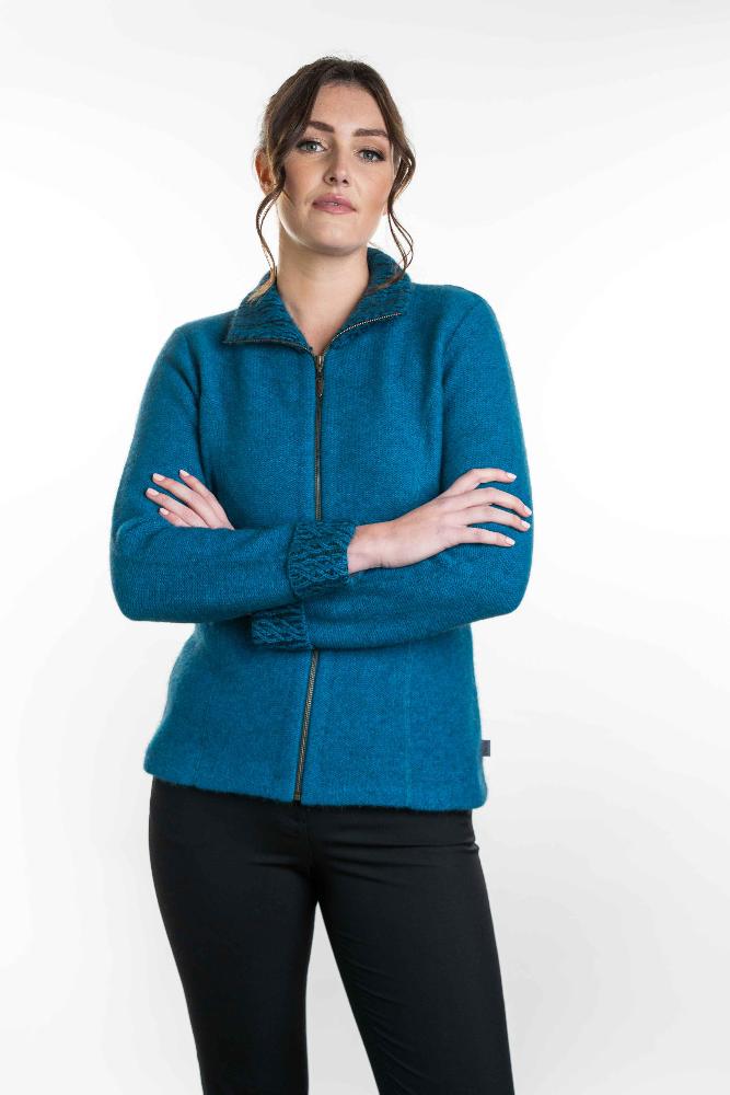 Possum and Merino  KO476 Two-Tone Trim Jacket - This stylish and versatile jacket features a two tone trim on the collar and cuffs.  Side seam shaping and coverseam detailing creates a streamlined look.   Made proudly in New Zealand from a premium blend of 40% possum fur, 50% merino lambswool & 10% mulberry silk.