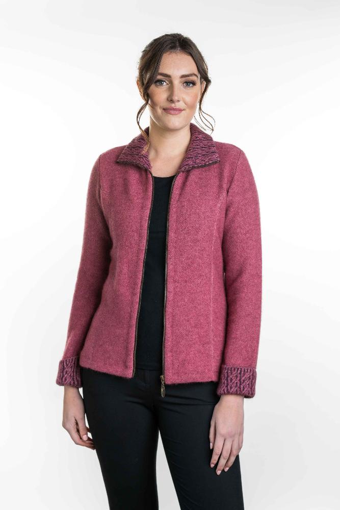 Possum and Merino  KO476 Two-Tone Trim Jacket - This stylish and versatile jacket features a two tone trim on the collar and cuffs.  Side seam shaping and coverseam detailing creates a streamlined look.   Made proudly in New Zealand from a premium blend of 40% possum fur, 50% merino lambswool & 10% mulberry silk.