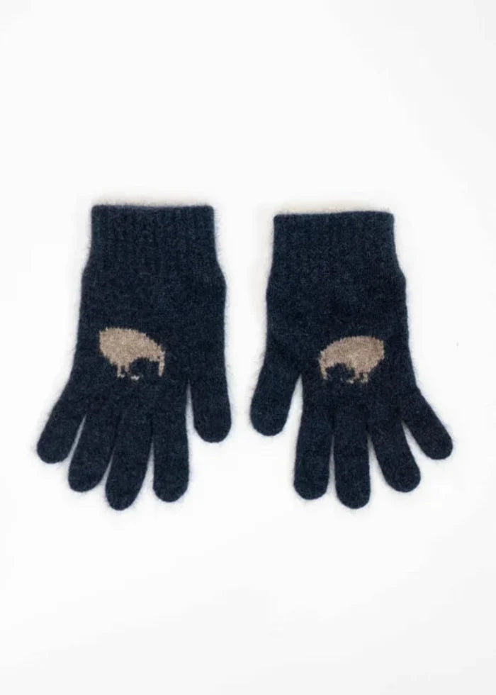 Possum and Merino  KO52 Kiwi Gloves - A uniquely New Zealand Design on a uniquely New Zealand product.  Make a set with KO162 Kiwi Beanie and KO129 Kiwi Scarf.  Made proudly in New Zealand from a premium blend of 40% possum fur, 50% merino lambswool & 10% mulberry silk.