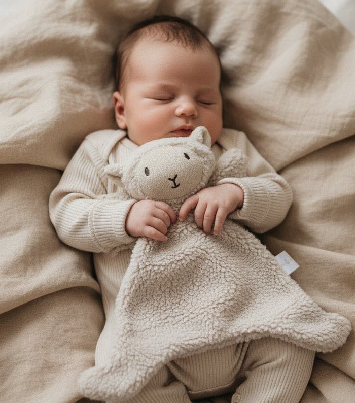 Newborn baby holding a neutral lamb baby comforter soft toy wrapped in a blanket