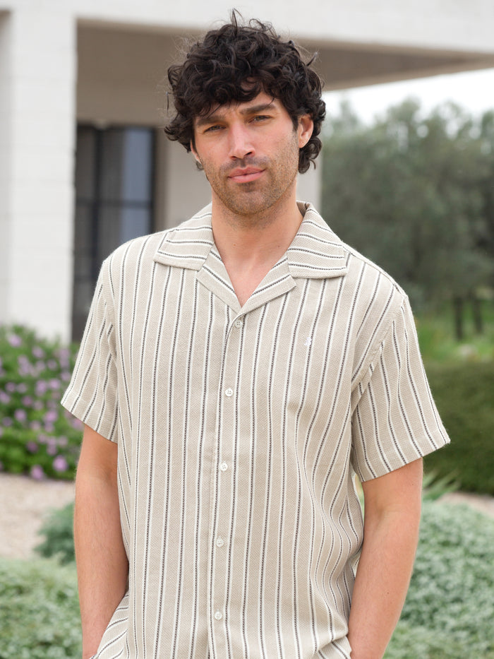 Leon Short Sleeve Relaxed Stripe Shirt - Tan