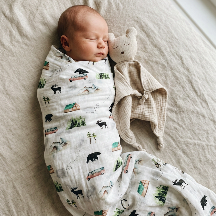 Newborn baby swaddled in a swaddle with animal patterns, lying on a soft surface next to a plush toy.