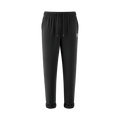 Black joggers with elastic waistband, drawstrings, cuffed ankles, and a small white logo on the right thigh.