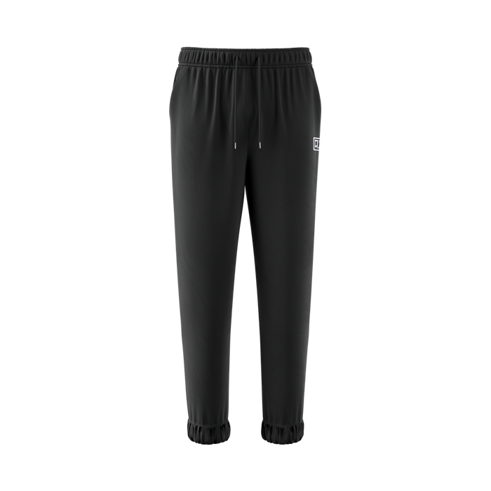 Black joggers with elastic waistband, drawstrings, cuffed ankles, and a small white logo on the right thigh.