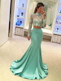 Long Sleeve Green Two pieces Mermaid Lace Sexy Prom Gown Dresses, PD0201