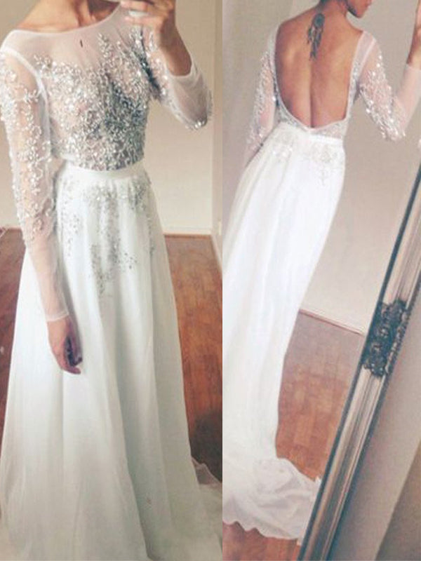 Long Sleeve White Tulle Beaded Sparkly Open Back Elegant  Prom Gown.  PD0210