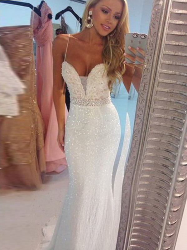 Long white Beaded Spaghetti Straps Mermaid Sexy For teens Evening part Dresses.  PD0256