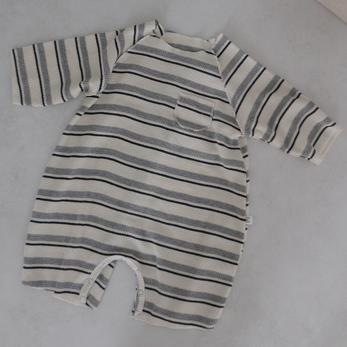 LS Striped Waffle Romper Grey Melange