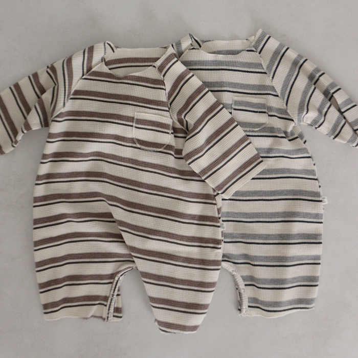 LS Striped Waffle Romper Grey Melange
