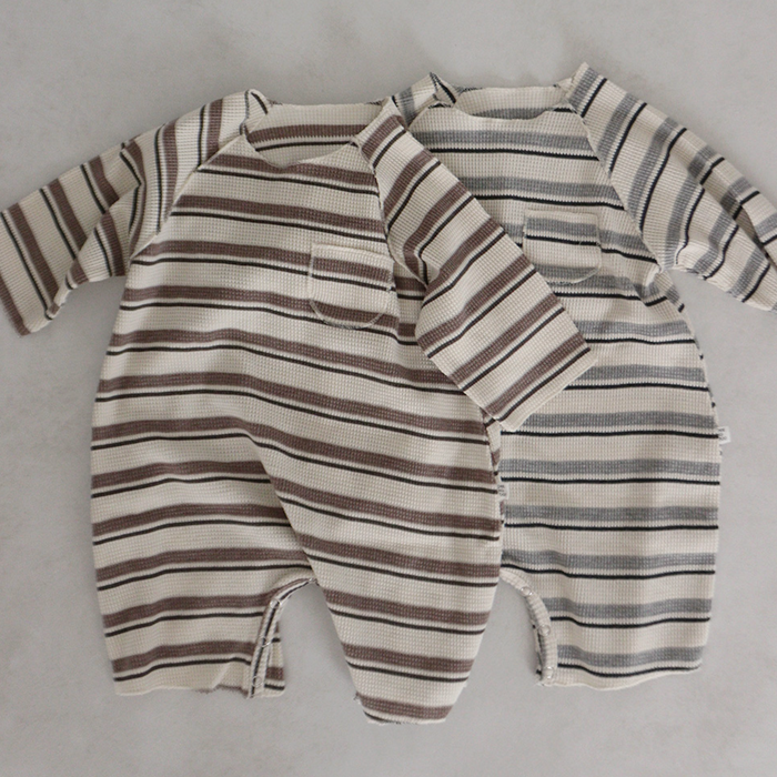 LS Striped Waffle Romper Mocha