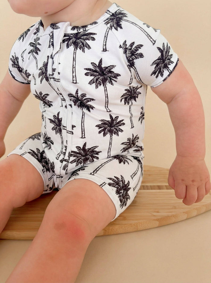 Lucky Panda Kids - Bamboo Shorty Romper - Palm Style White (Final Sale)