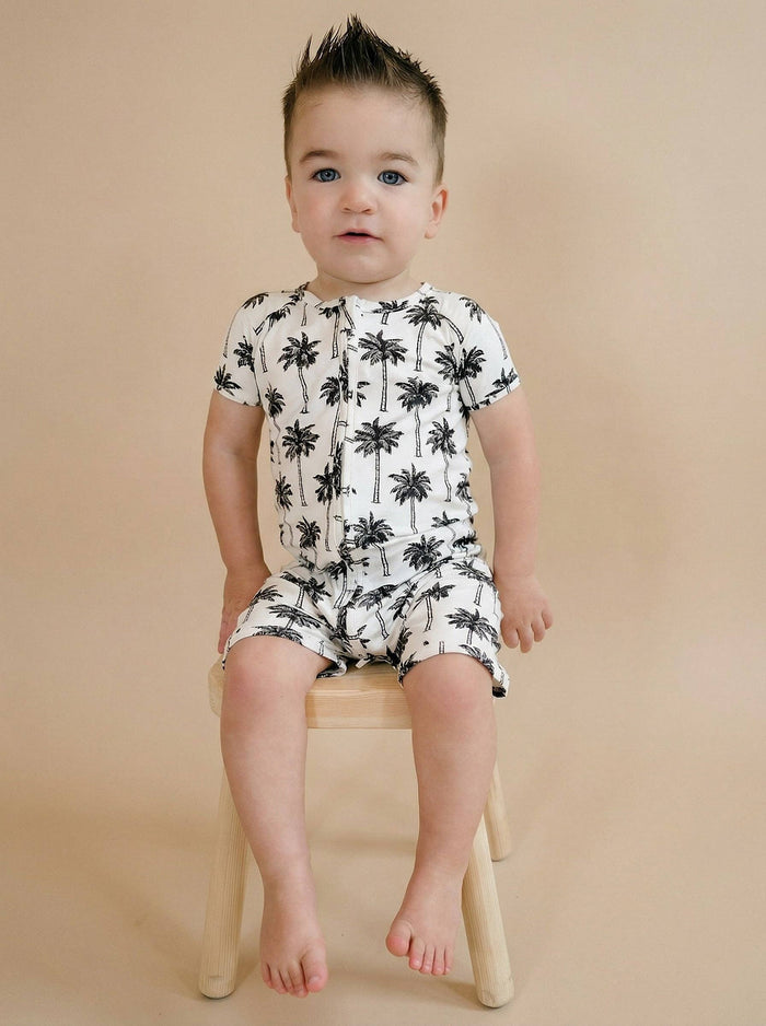 Lucky Panda Kids - Bamboo Shorty Romper - Palm Style White (Final Sale)