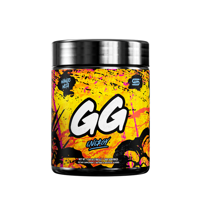 Black supplement container with colorful splatter design and detailed white nutrition facts label on the back.