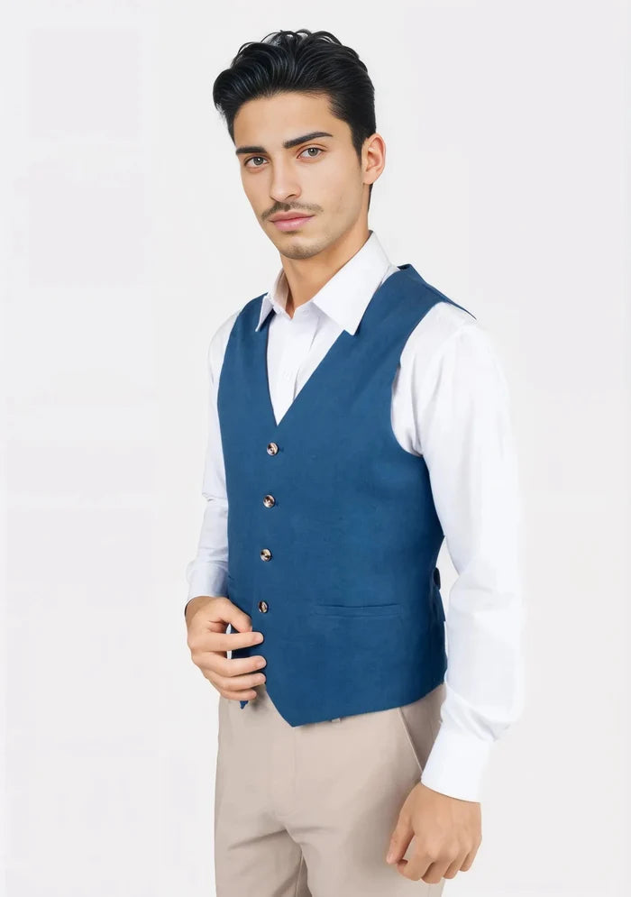 Marine Blue Linen Vest - SARTORO