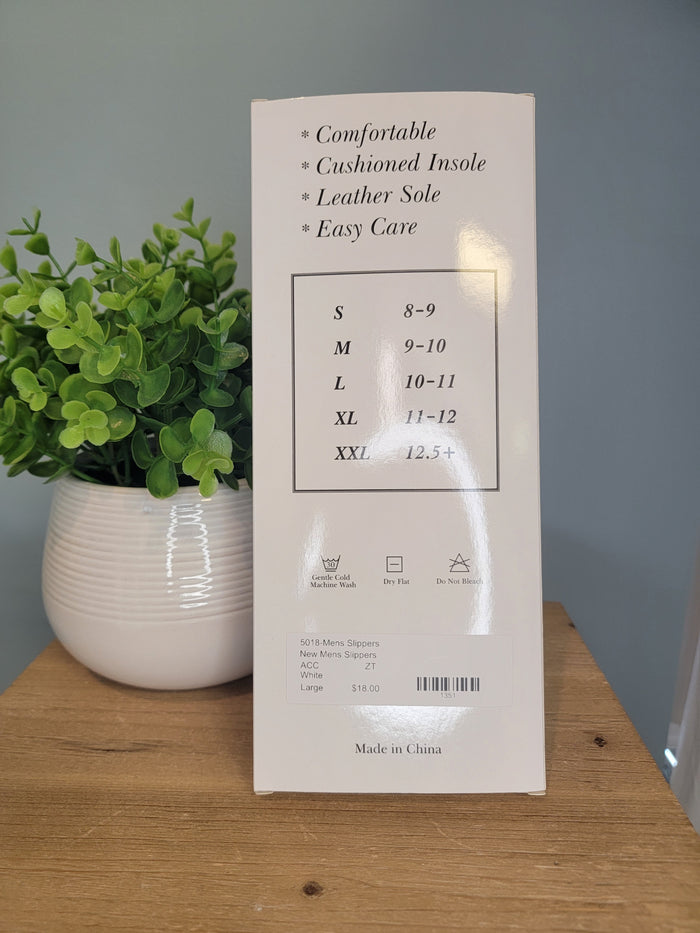 Men's slipper box with size chart.