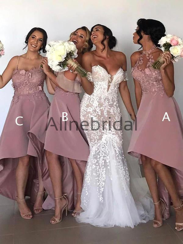 Mismatcched Pink Floral Lace  A-line High Low Bridesmaid Dresses, AB4035