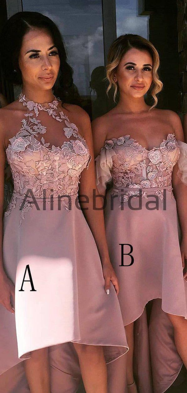 Mismatcched Pink Floral Lace  A-line High Low Bridesmaid Dresses, AB4035