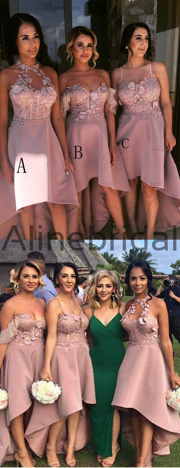 Mismatcched Pink Floral Lace  A-line High Low Bridesmaid Dresses, AB4035