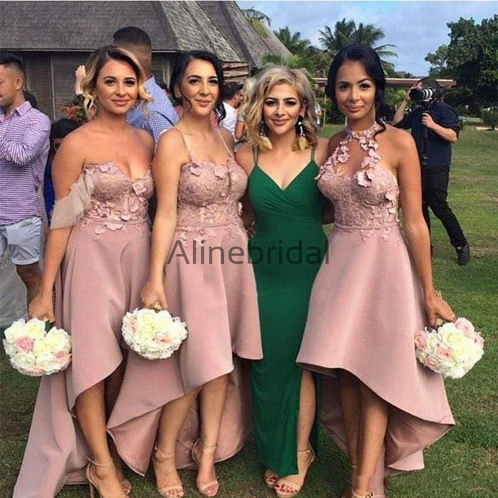 Mismatcched Pink Floral Lace  A-line High Low Bridesmaid Dresses, AB4035