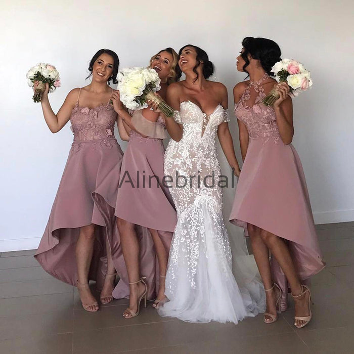 Mismatcched Pink Floral Lace  A-line High Low Bridesmaid Dresses, AB4035