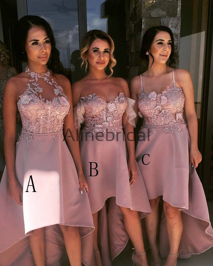 Mismatcched Pink Floral Lace  A-line High Low Bridesmaid Dresses, AB4035