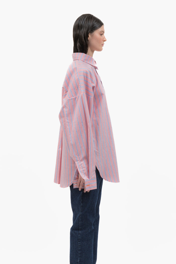 MANCANDY Monday Shirt in pink striped cotton featuring an oversized fit and orange Bladed Heart embroidery on the chest.