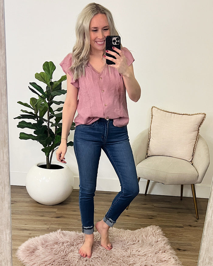 Naomi Lace Flutter Sleeve Button Down Top - Dusty Pink FINAL SALE  Mine