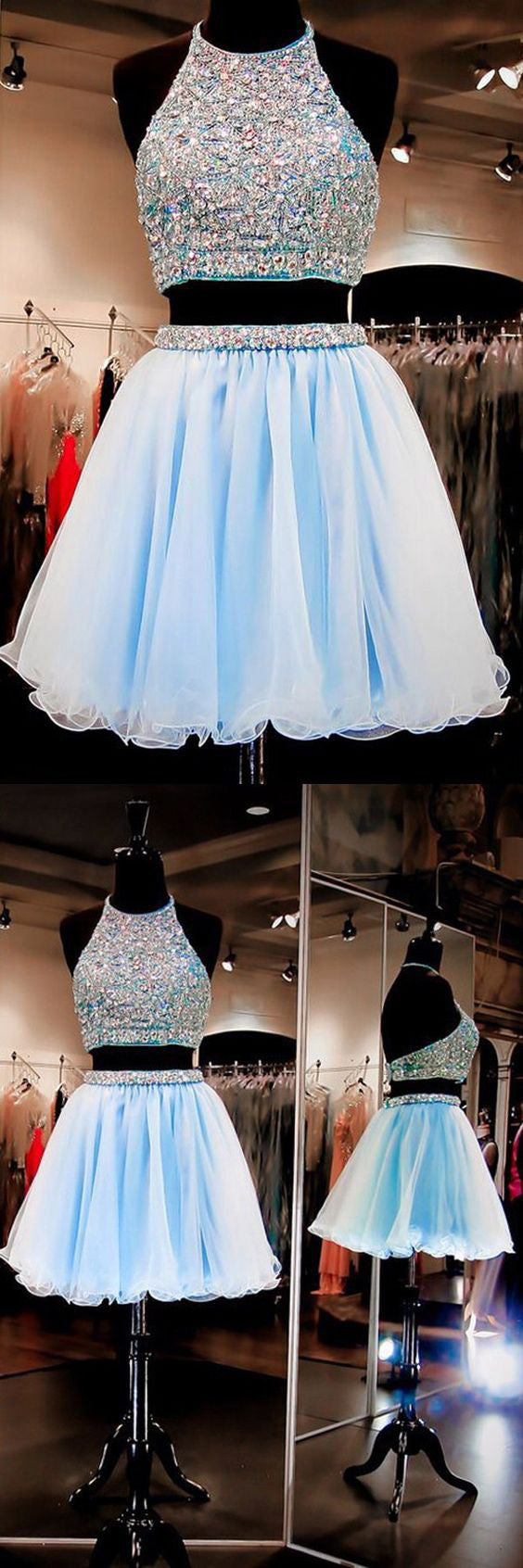 New Arrival two pieces halter sparkly backless crop tops freshman homecoming dresses,BD00116