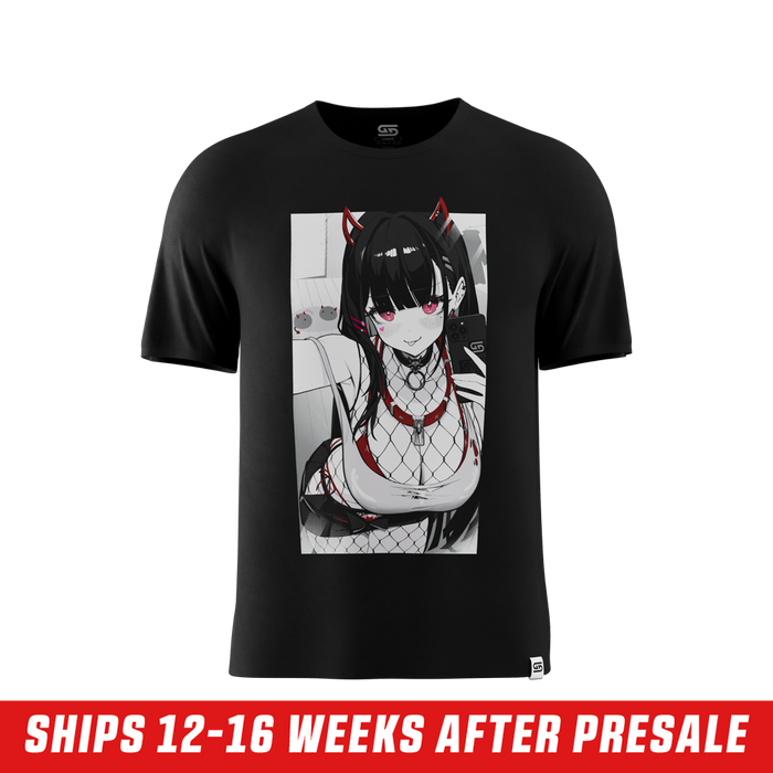 Black shirt with anime-style graphic of a girl in fishnet stockings and red accents on the back with Japanese text.
