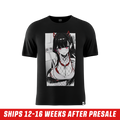 Black shirt with anime-style graphic of a girl in fishnet stockings and red accents on the back with Japanese text.